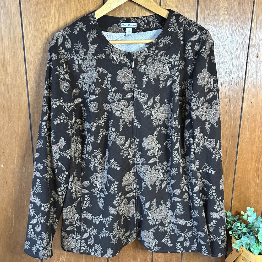 Croft & Barrow Women's 1X Brown Floral Zip Up Jacket Stretch Boho‎ Western Indie